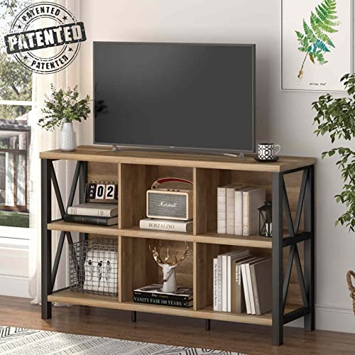 Fatorri 6 Cube Storage Organizer With Shelf, Long Wood And Metal Cubby Bookcase, Industrial Horizontal Bookshelf (Rustic Oak, 47 Inch) #TOP2