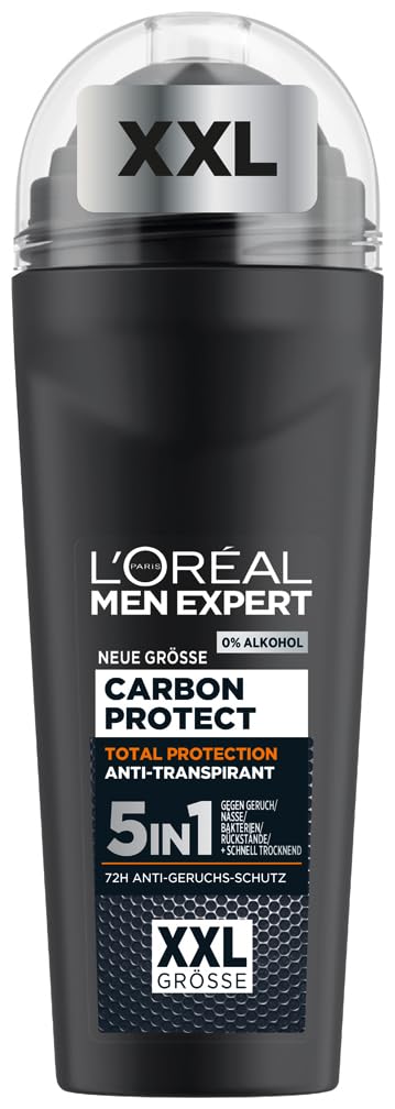 L'Oréal Men Expert XXL 5in1 Deoroller für Männer, Deo Roll-On gegen starken Schweißgeruch, Schwitzen, Achselnässe und weiße Rückstände, Herren 48H Deodorant ohne Alkohol, Carbon Protect, 1 x 100 ml
