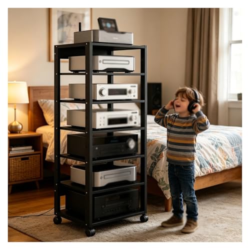 Générique Meuble HiFi,meuble Vinyle 7 Niveaux,Meubles Multimedia AV Avec Roulettes,étagères Audio-vidéo Réglable/Supports Stéréo,pour Salon,Salle De...