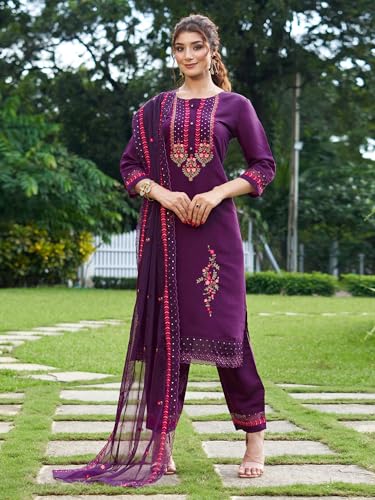 Image of INDO ERA Women Silk Blend Kurta Trouser With Dupatta Set