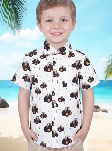 Image of Boys Button Down Shirts Dress Short Sleeve Kids Hawaiian Tractor 12-13Y | Pure Combed Cotton, Smooth 60s yarn, Tagless Label, Pilling-Resistant, Shrink-Resistant, Fade-Resistant, Machine Washable