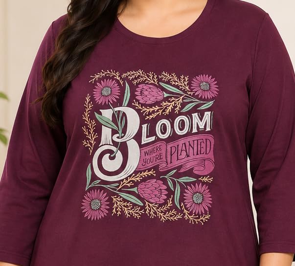Image of RYSH Women's Plus Size Printed Nightshirt | Round Neck | 3 /4 Sleeve | Relaxed Fit Long Nightwear Top |