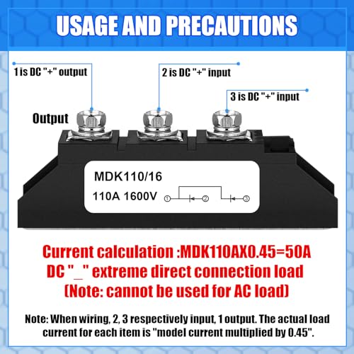 Yexiya MDK 110A (100A)-16 Solar Diode, DC Blocking Unidirectional in-line Anti Reverse Diode Peak Voltage 1600V Use Voltage Range: AC - 400VAC DC3-1000VDC, Include:12VDC 24VDC