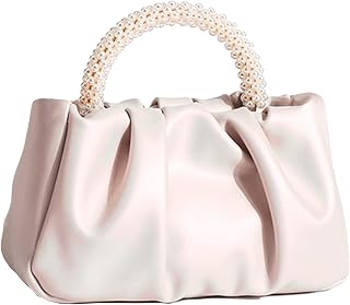 Evening Purse Women Pearl Handbags Soft Leather Ruched Bag Bridal Clutch for Wedding Party Prom Crossbody Purses