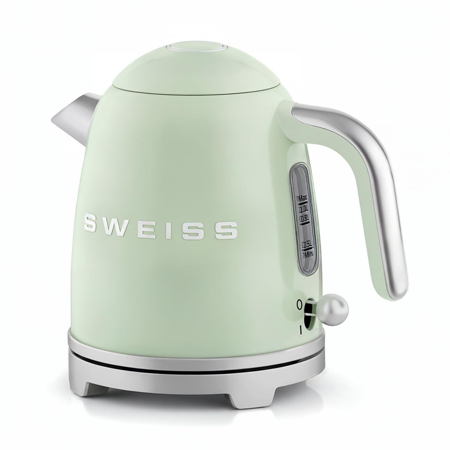SWEISS - Hervidor eléctrico vintage KTS7, 1 L, acero inoxidable, compacto, 1200 W, practico, ebullición rápida, nivel de agua visible y graduado, apagado automático, base giratoria 360°, verde