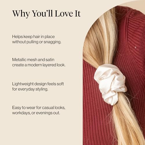 Image of Kitsch Metallic Mesh & Satin Scrunchies For Women - Recycled Fabric Hair Ties for Secure Hold, Comfortable Wear | Softer Than Silk Scrunchies For All Hair Types - Cream & Gold, 2pcs