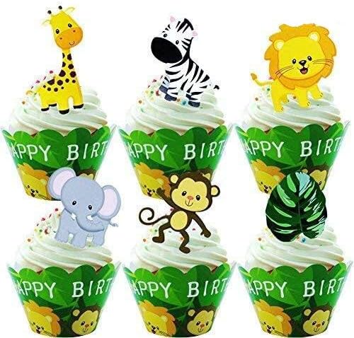 24pcs Jungle Animals Happy Birthday Cupcake Toppers + 24pcs Cupcake Wrappers for Woodland Garland Forest Theme Party Supplies
