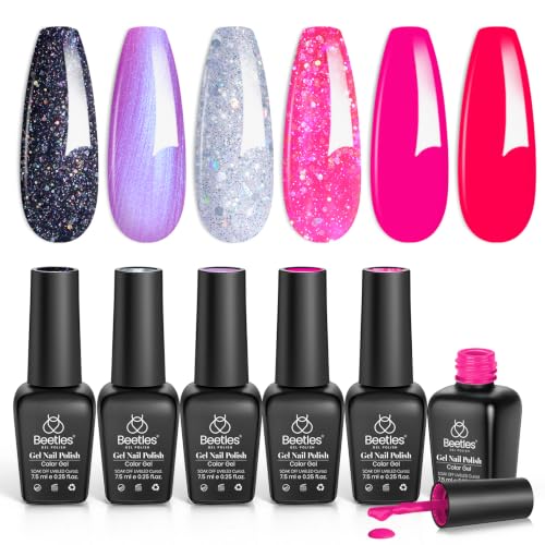 Image of Beetles Hot Pink Gel Nail Polish Set, 6 Colors Glitter Purple and Black Shimmer Electric Carnival Collection, Dreamy Swirl Thread Effect, Soak Off UV LED Manicure Kit Gift for Women