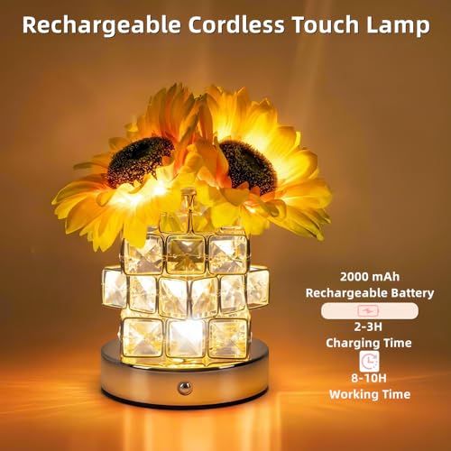 Image of Sunflowers Flower Lamp Cordless Touch Night Light Birthday Gifts for Women | Rechargeable Small Bedside Lamp,3-Colour Stepless Dimming Crystal Flower Table Lamps for Living Room Bedroom Decor Gift