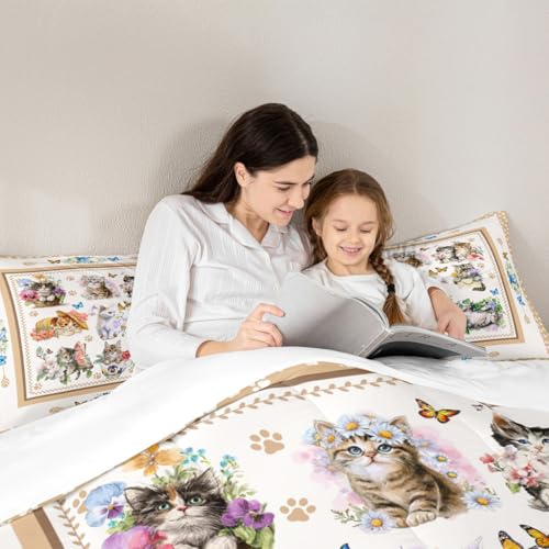 Parure de lit motif de chats mignons housse couette fleurs et papillon - 3