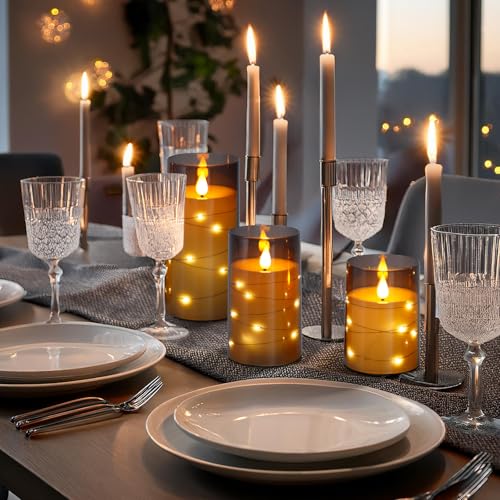 Image of Aignis Flickering Flameless Candles Battery Operated Candles LED Candles with Remote Timer for Home /Wedding /Birthday /Holiday Decor, Grey 3D Flame Set of 3 (D3 xH4 5 inch 6 inch)