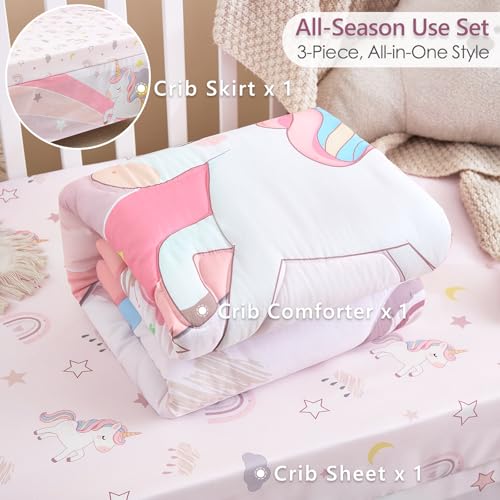 Image of 3-Piece Crib Bedding Set for Girls - Ultra Soft Baby Bedding Set Includes Crib Comforter, Sheet & Skirt (Unicorn)