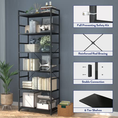 Image of NUMENN 6 Tier Bookshelf, Tall Bookcase Shelf Storage Organizer, Modern Book Shelf for Bedroom, Living Room and Home Office, Black