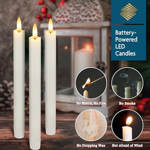 Flameless Taper Candles with Remote, Real Wax Battery Operated LED Candles Set with 3D Flickering Flame, 9.6 Realistic Dripless Candlesticks for Wedding Home Decor, 3 Pack White