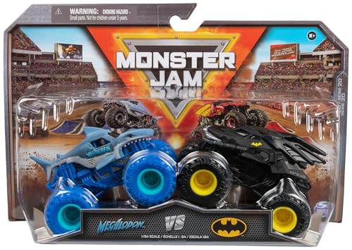 Monster Jam - Original Zweier-Pack mit dem Batmobil vs. Megalodon - authentischen Monster Trucks im Maßstab 1:64