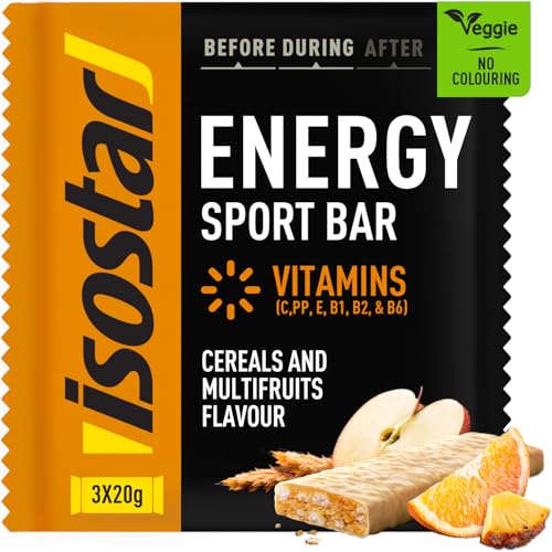 ISOSTAR – Energy Sport Riegel Getreide & Multifruits – Sport-Energieriegel mit Kohlenhydraten, Quelle für Vitamin B1, B2, B6, C, E & PP, Snack für Laufen, Radfahren & Trailrunning – 3 x 20 g