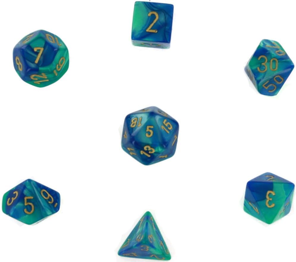 Polyhedral 7-Die Gemini Dice Set: Blue/Teal with Gold