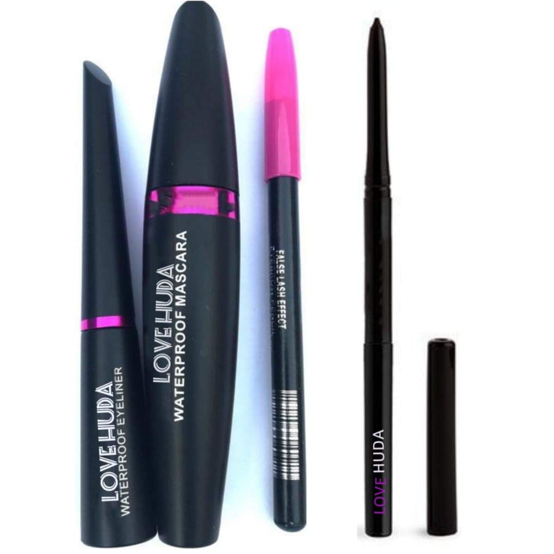 LOVE HUDA Professional Combo Waterproof Liquid Mascara, Eyeliner, Eyebrow Pencil With Long Lasting Auto Kajal Black Set Of 4
