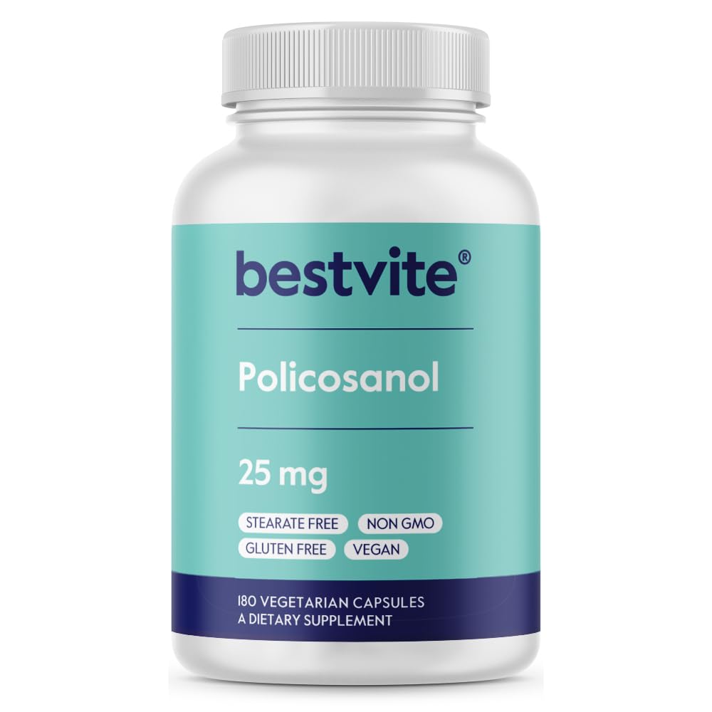 BESTVITE Policosanol 25mg (180 Vegetarian Capsules) - No Stearates - No Flow Agents - Vegan - Non GMO - Gluten Free