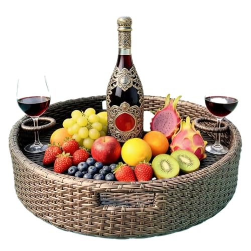 Round Floating Tray for Pool with Drink Holder Extra Large Serving Tray with Handles for Ottaman 24 Inch Waterproof Outdoor Floating Card Game Table Brown