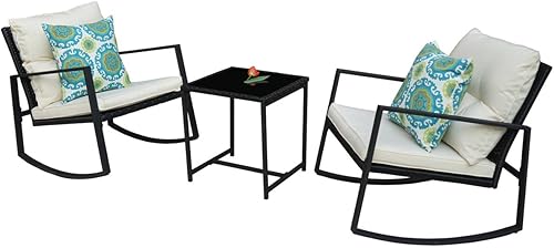 Kozyard Juego de 3 sillas mecedoras para exteriores con mesa auxiliar y cojines, juego de muebles de mimbre para jardín, porche, patio trasero,
