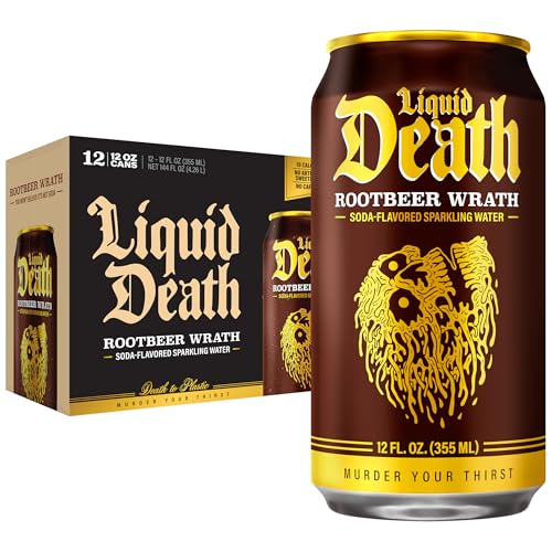 Image of Liquid Death Soda-Flavored Sparkling Water - Rootbeer Wrath, Less Sugar*, Huge Flavor, No Caffeine, No Artificial Sweeteners, 12 Fl Oz (Pack of 12)