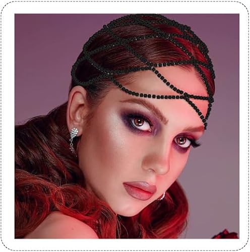 STONEFANS Gorra de malla con diamantes de imitación negros para mujeres y niñas de los años 20 con cadena de cabeza para boda joyería de novia