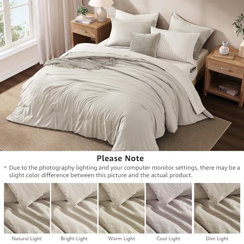 Image of Monbix Full Size Comforter Sets-7 Pieces Soft Bed in a Bag Full Bedding Set | All Season Beige Prewashed Comforter Bed Set with Striped Sheets, Pillowcases & Shams