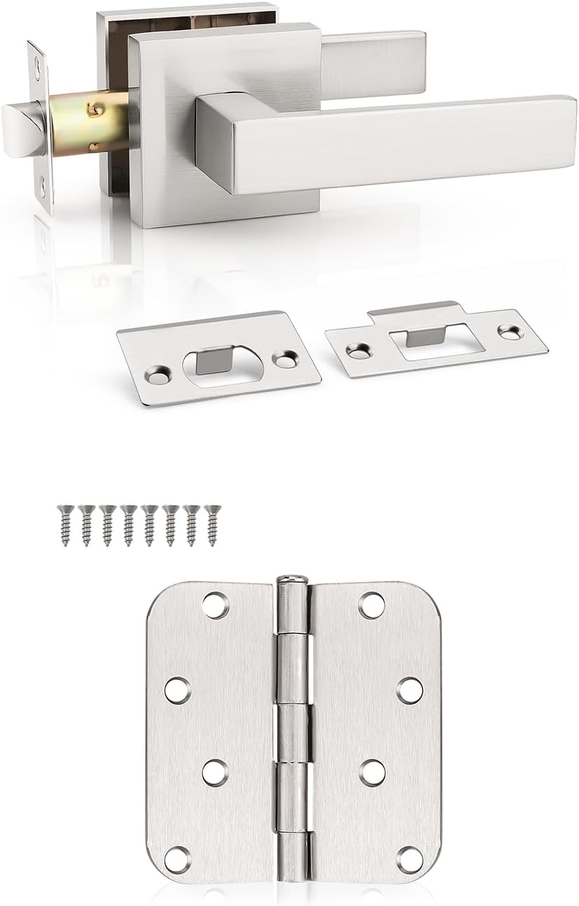 KNOBWELL 18 Pack Door Hinges and 6 Pack Passage Door Handle Brushed Nickel Door Hardware Modern Door Handle Interior Door Knob Set