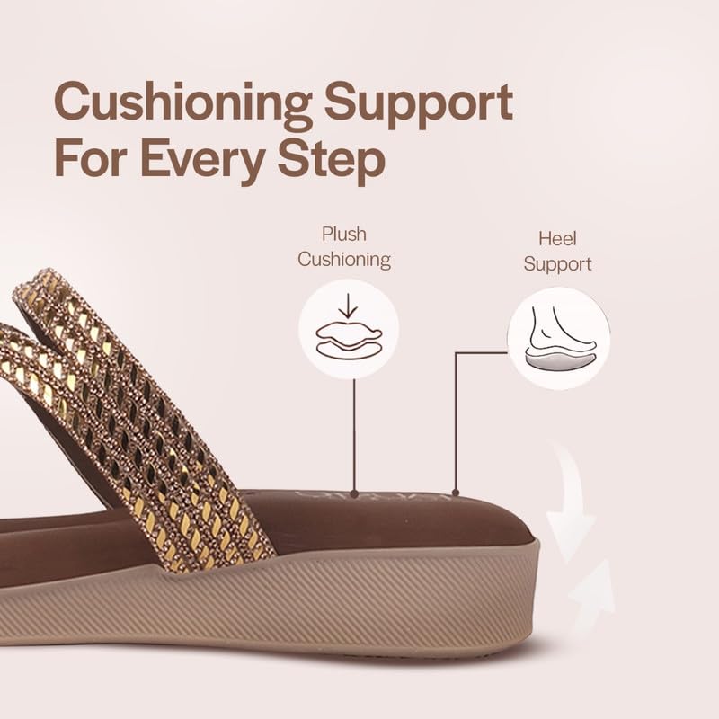 Image of FAUSTO Women T-Strap Slip On Ethnic Sandals with Rhinestone Strap | Wedge Ortho Slip-On Slippers | Perfect for Wedding, Festive Outfits