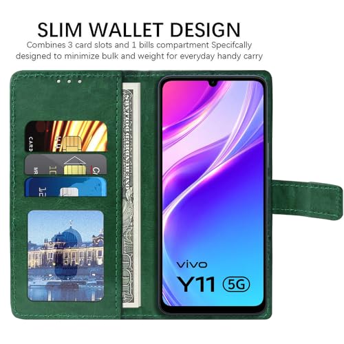 Image of Flip Cover Back Case Compatible with Vivo Y05 5G / Y11 5G / Y21 5G | Premium Leather Finish | Inbuilt Pockets & Stand | Flip Cover Back Case for Vivo Y05 5G / Y11 5G / Y21 5G (Green)