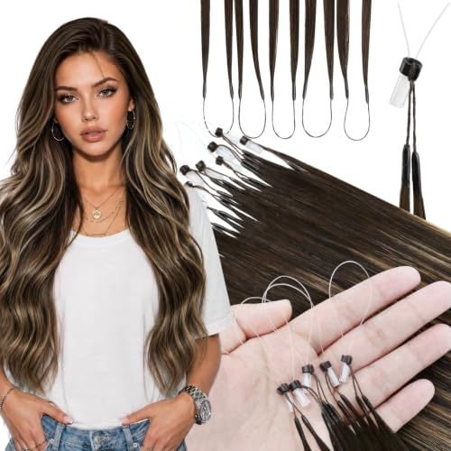 Image of Moresoo Microlink Hair Extensions, Feather Tip, Caramel Balayage, 18 Inch