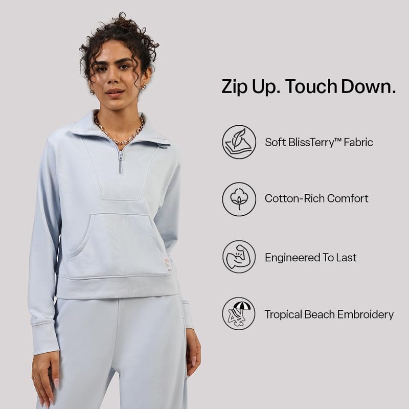 Image of BlissTerry Half Zip | Zippered front |Convertible collar to style |Kangaroo pocket for essentials |Ribbed cuffs |Cropped length