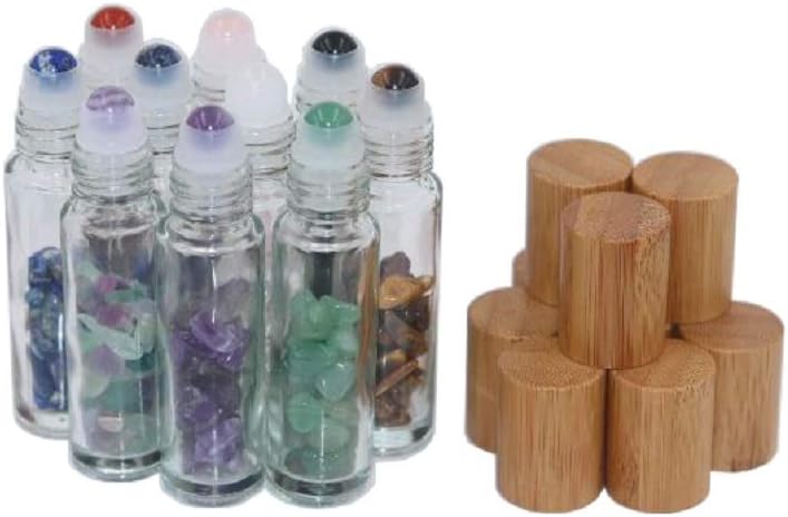 10Packs 10ml Natural Semiprecious Stones Clear Glass Roll-on Bottles Gemstone Essential Oil Roller Bottles with Bamboo Caps and Healing Crystal Chips Inside