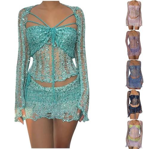 HGps8w Women's Crochet Sequin 2 Piece Outfits, Sexy Long Sleeve Crop Top with Mini Skirt Knitted Teens Y2k Sparkle Dress Sets2