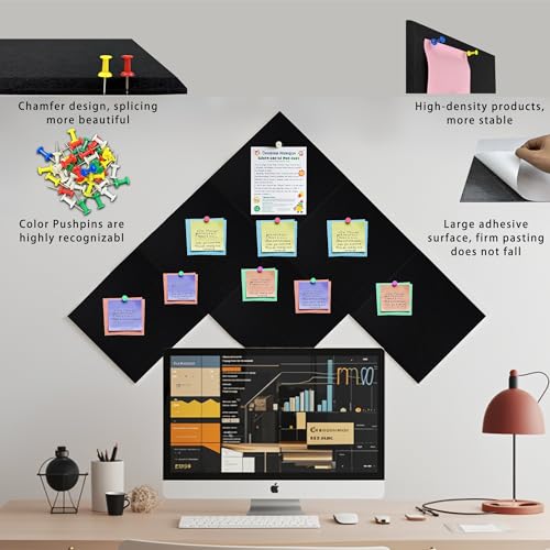 Large Cork Board for Walls-6 Pack Felt Wall Tiles with Safe Adhesive, Black Pin Board, Notice Board for Office, Tack Board Cork Boards 36"x24"