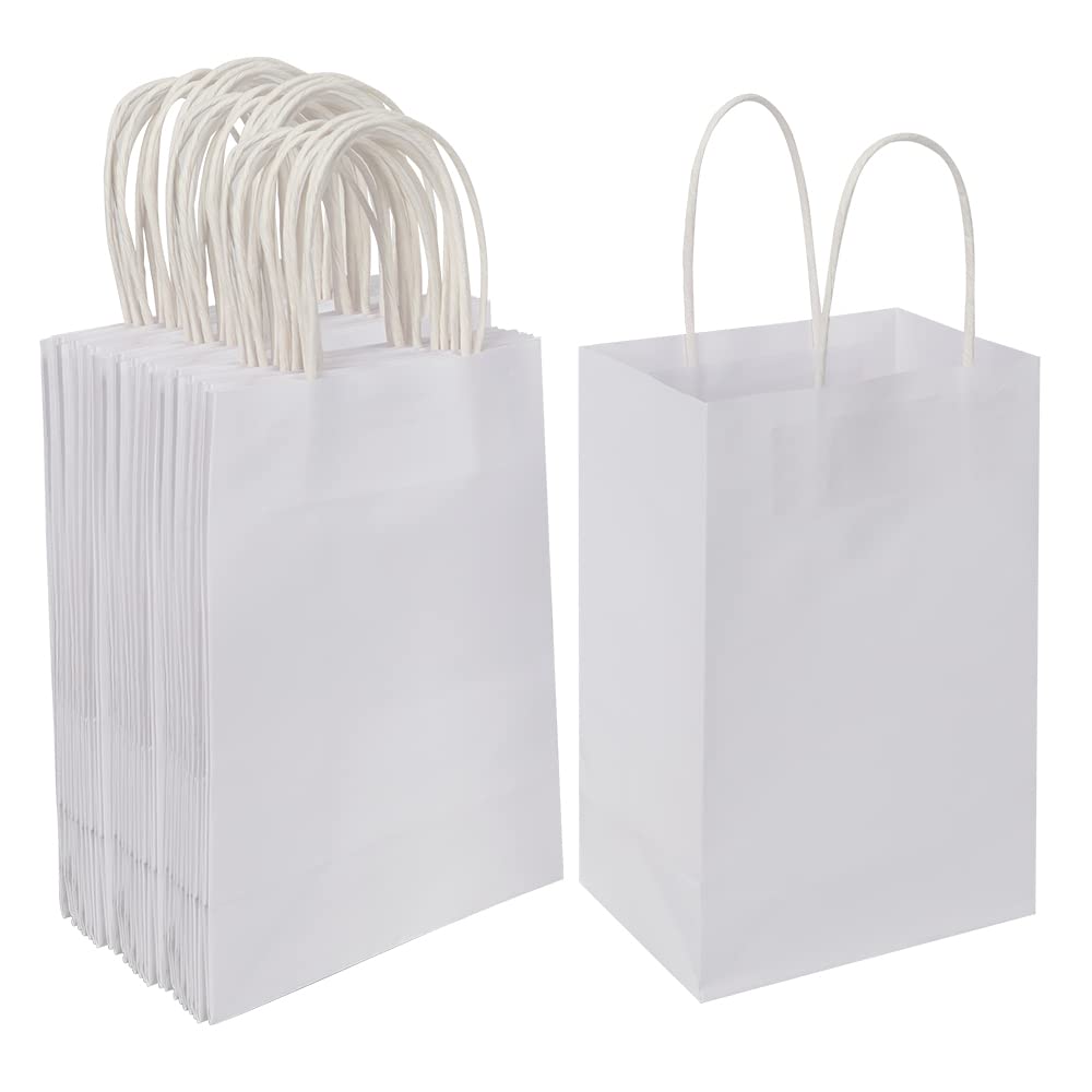 Oikss 50 Pack 5.25x3.25x8.25 Inch Small White Kraft Paper Bags with Handles Bulk for Birthday Wedding Party Favors Grocery Retail Shopping Business