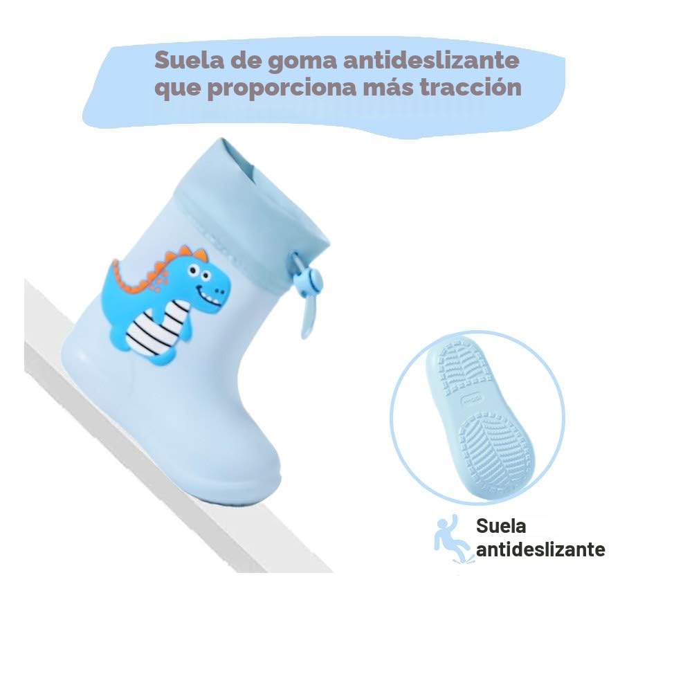 Botas de Agua para Niños y Niñas con Cordón Ajustable en el Cuello, Botas de Lluvia Caucho Goma de Dinosaurio Impermeable y Antideslizante