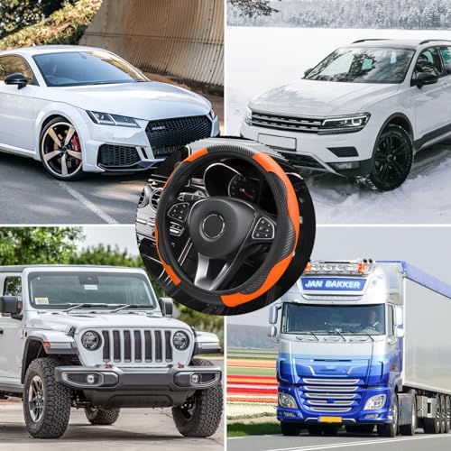 Image of Osilly Car Steering Wheel Cover, 15 inch Carbon Fiber Microfiber PU Leather Elastic Steering Wheel Protector for Men Women, Anti-Slip Breathable Car Interior Accessories for Most Cars (Black /Orange)