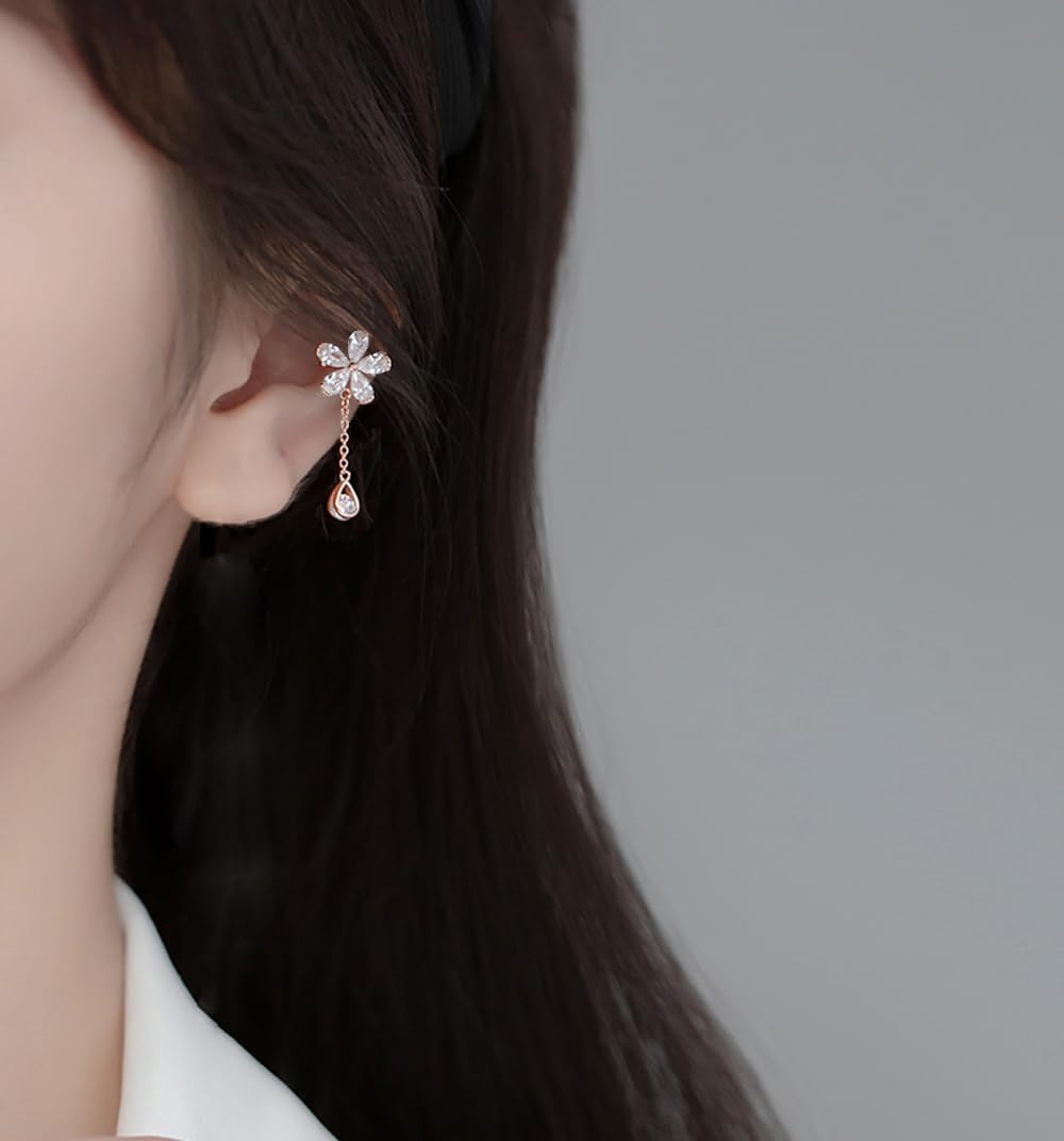 Reffeer Solid 925 Sterling Silver CZ Flower Cuff Earrings for Women Teens Flower Wrap Earrings Droplet Chain Earrings Cartilage Helix Earrings