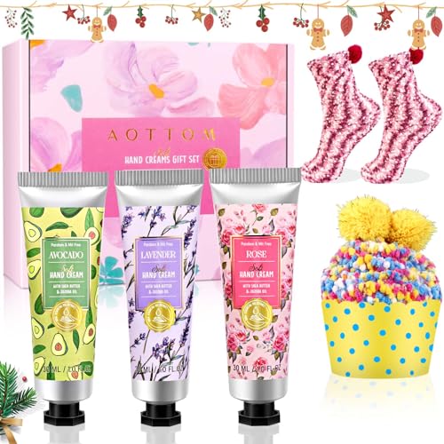 Geschenke für Frauen Muttertag Handcreme Set, 3 Weihnachten Handcreme e 2 Paar Kuschelsocken Damen Geschenkset Kleine Duft Hand Fuß Feuchtigkeitscreme Warme für Freundin Mama Geburtstags Valentinstag