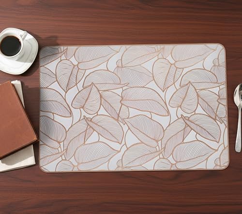 Image of Yellow Weaves 4 Pcs PVC Table Placemats, Dining Table Mat, Stain Resistant, Anti-Skid, Waterproof, Washable, Dining, Kitchen, Restaurant Table Set Easy to Clean, Durable (Leaf Rose Gold)
