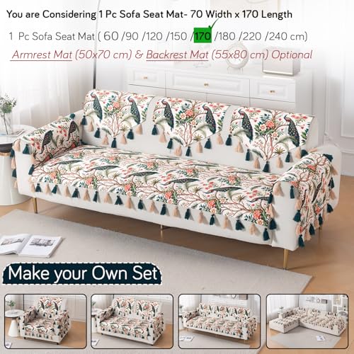 Image of HOKIPO Printed Holland Velvet Sofa Cover with Tassel for 1 /2 /3 Seater & L Shape Sofa | Make Your Own Set, 'Whispers of Nature' Sofa Mat, 70(W) x 170(L) cm, Multicolor Tropical Peacock (IN-1121-D1)