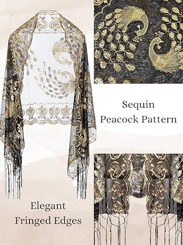 Women's 1920s Sequin Peacock Shawls Wraps Bridal Flapper Evening Scarf for Dresses Formal Party Wedding Harlem Night3