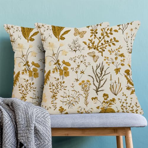 Image of AEIOAE Summer Pillow Covers 24x24 Inch Set of 2,Mustard Yellow Wild Flower Plant Throw Pillows Case,Seasonal Floral Outdoor Decorative Square Linen Farmhouse Decor Cushion Covers for Home Couch