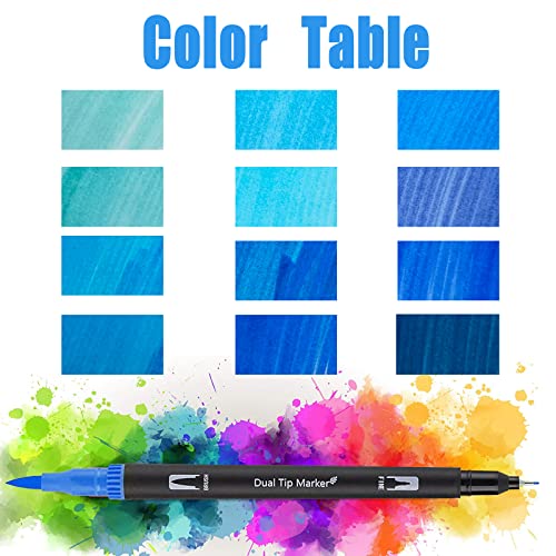 Blue Dual Tip Brush Pen, 12 Colored Calligraphy Pens, Dual Tip Markers For Adult Coloring For Kids Felt Tip Watercolor Pens For Books Drawing Planner Calendar Art Markers Sketch Pen School Supplies #TOP3