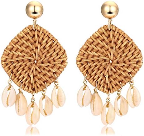 Rattan Shell Earrings Boho Handmade Tassel Woven Straw Wicker Drop Earring Shell Dangle Earrings for Women Girls (Brown)