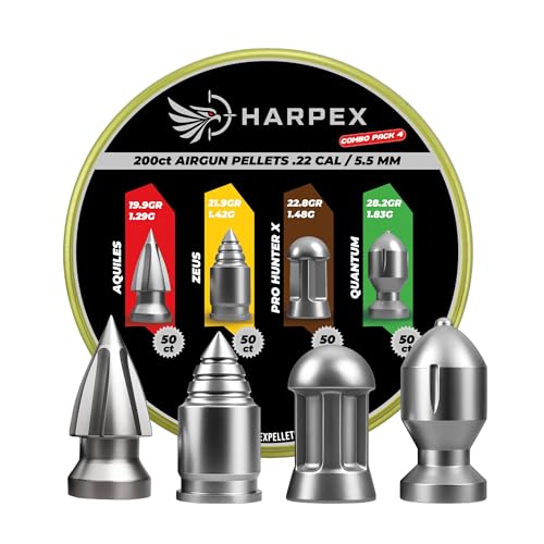 Harpex Combo Pack 4 .22 Cal Airgun Pellets – Variety Pack with Aquiles, Zeus, Pro Hunter X & Quantum – Heavy & Pointed Pellets for Maximum Impact & Deep Penetration – Precision Performance – 200 Count