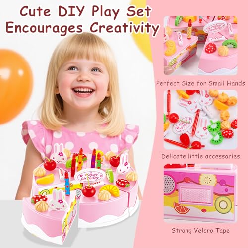 BigNoseDeer Play Birthday Cake Children's Day Gift Play Food Toy Set DIY Cutting Pretend Play Birthday Party Cake with Candles for Children Kids Classic Toy 37pcs(New Outer Package)