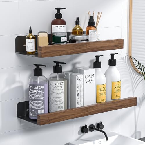 Diealles Shine Estanteria Ducha sin Taladro, Juego de 2 Estantería Baño Negro Mate, Estante Ducha de Ferroaleación y Nogal para Baño Cocina Sala de Estar